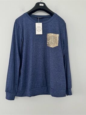 NWT Floral Blooming Blouse Womens M Sequin Pocket Long Sleeve Top Blue Heathered